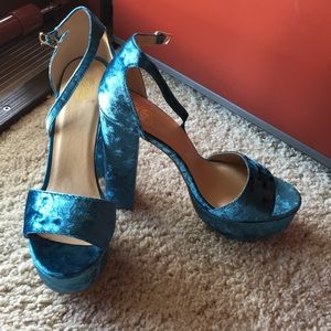 Teal velvet heels